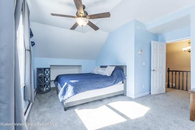 bedroom featuring carpet floors, lofted ceiling, a baseboard radiator, baseboards, and ceiling fan with notable chandelier