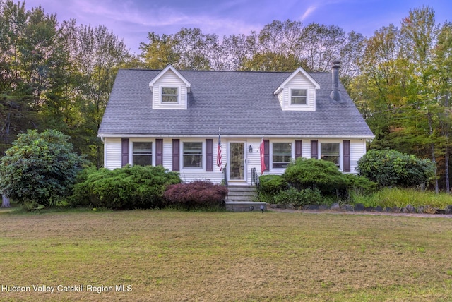 cape cod house with a shingled roof and a front yard