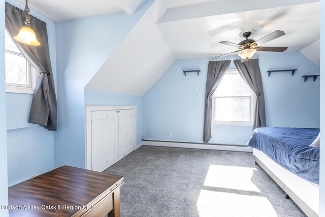 office space with ceiling fan, light wood-type flooring, and a baseboard radiator