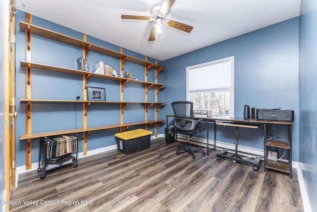 home office featuring ceiling fan, baseboards, and wood finished floors