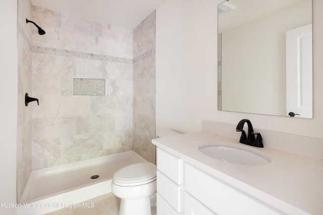 full bath with toilet, a stall shower, visible vents, and vanity