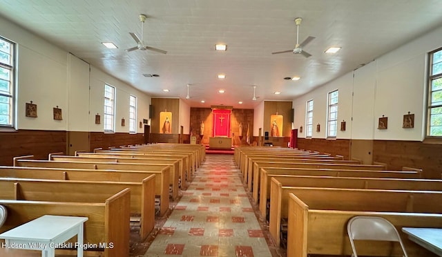 71 Watson Hollow Rd, West Shokan, NY 12494 - miscellaneous room with a ceiling fan, plenty of natural light, a wainscoted wall, wood walls, and recessed lighting