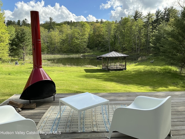 35 Jilroy Ln, Spencertown, NY 12165 - view of patio / terrace with a gazebo, a forest view, and a deck with water view