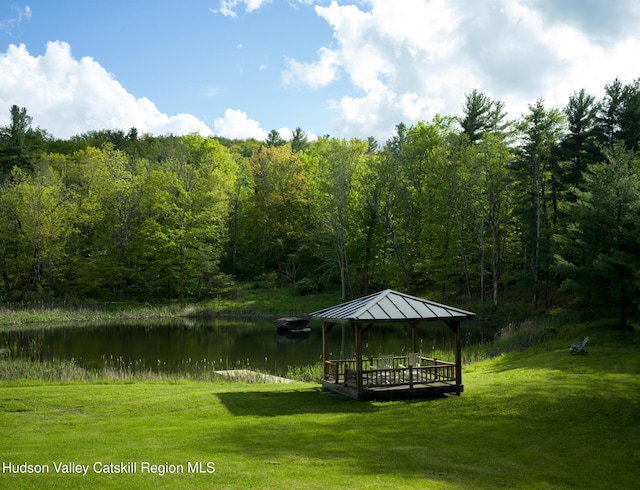 35 Jilroy Ln, Spencertown, NY 12165 - view of property's community featuring a gazebo, a forest view, a lawn, and a water view