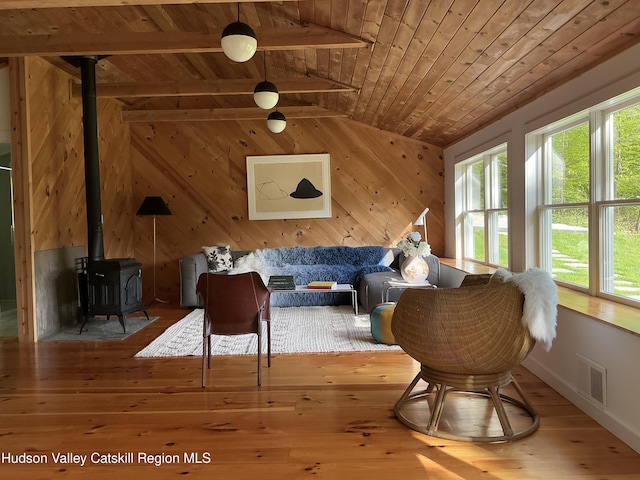 35 Jilroy Ln, Spencertown, NY 12165 - living area featuring wooden ceiling, healthy amount of natural light, a wood stove, hardwood / wood-style flooring, and wooden walls