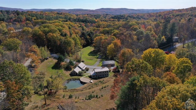 view of property location featuring a heavily wooded area and mountains
