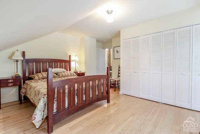bedroom featuring wood finished floors, lofted ceiling, and a closet