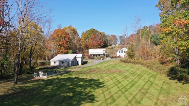 view of grassy yard with an outdoor structure