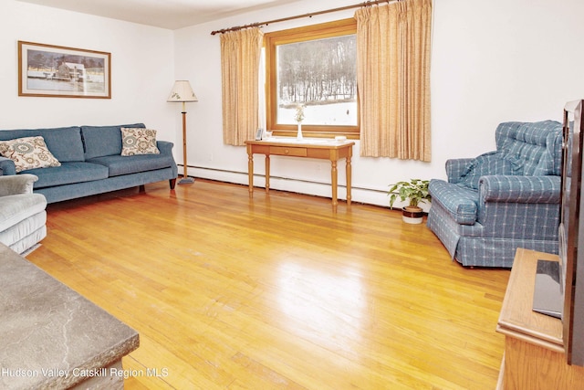 living area featuring a baseboard radiator and wood finished floors