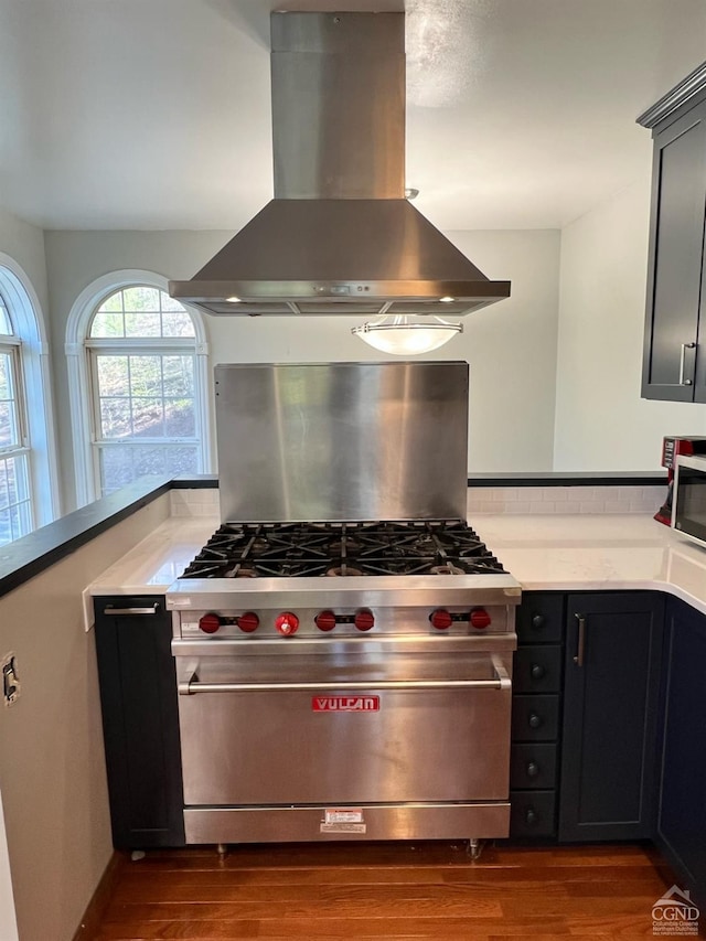 16 Hickory Hill Rd, Windham, NY 12496 - kitchen with island range hood, stainless steel appliances, wood finished floors, light countertops, and tasteful backsplash