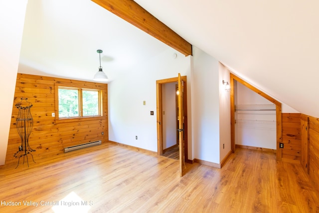 additional living space with wood walls, vaulted ceiling with beams, light hardwood / wood-style floors, and a baseboard heating unit