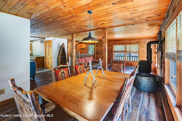 dining room with a wood stove, wood walls, dark hardwood / wood-style flooring, and wood ceiling