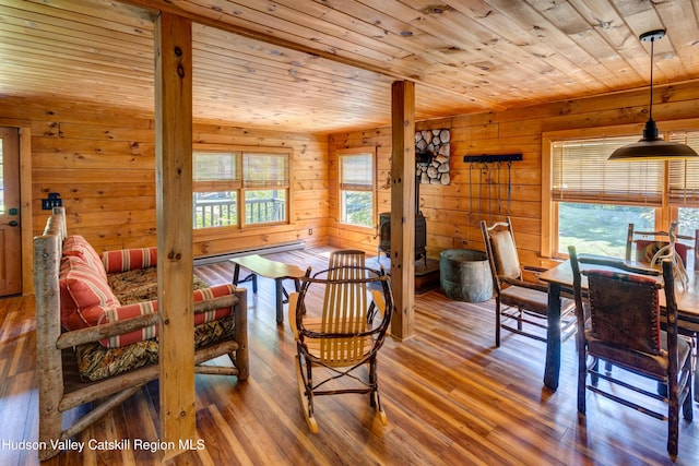 dining area featuring hardwood / wood-style flooring, plenty of natural light, wood walls, and wood ceiling