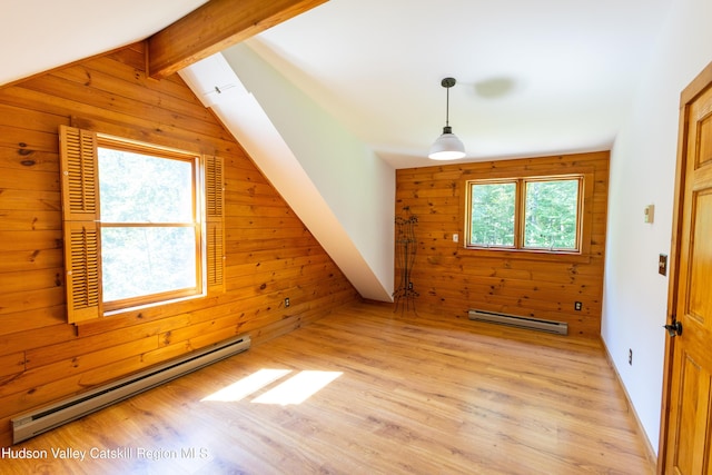 bonus room featuring light wood-type flooring, a baseboard heating unit, and wood walls