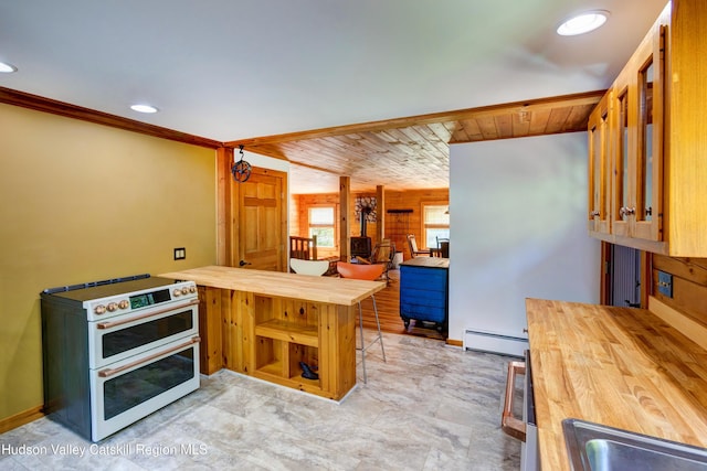 kitchen with wooden ceiling, crown molding, white electric stove, wooden walls, and a baseboard radiator