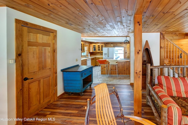 interior space featuring dark hardwood / wood-style floors and wood ceiling