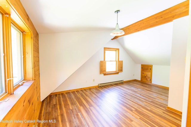 bonus room with hardwood / wood-style floors, lofted ceiling, and a baseboard radiator