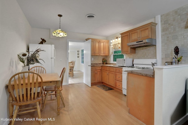 1055 Rte 212, Saugerties, NY 12477 - kitchen with white appliances, light wood finished floors, backsplash, under cabinet range hood, and decorative light fixtures
