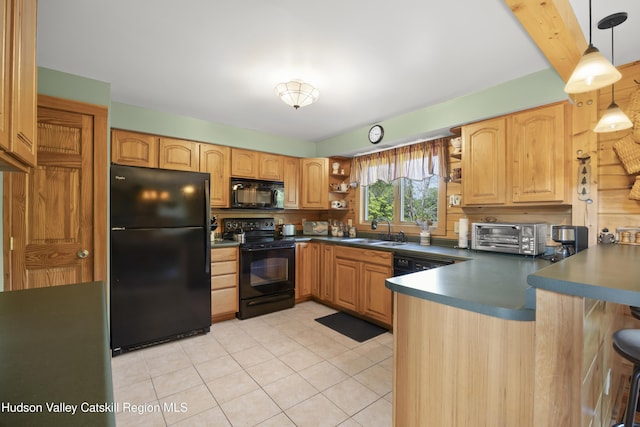 17 Partridge Rd, Hudson, NY 12534 - kitchen with black appliances, a sink, a peninsula, open shelves, and dark countertops