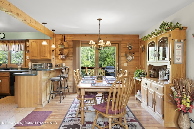 17 Partridge Rd, Hudson, NY 12534 - dining space with light wood-type flooring, a chandelier, and wooden walls