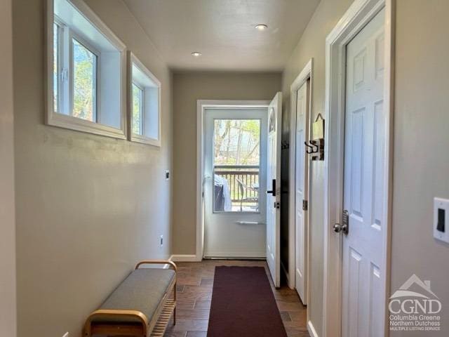 57 Bushnell Ave, Catskill, NY 12414 - doorway to outside with dark wood-type flooring, baseboards, and recessed lighting