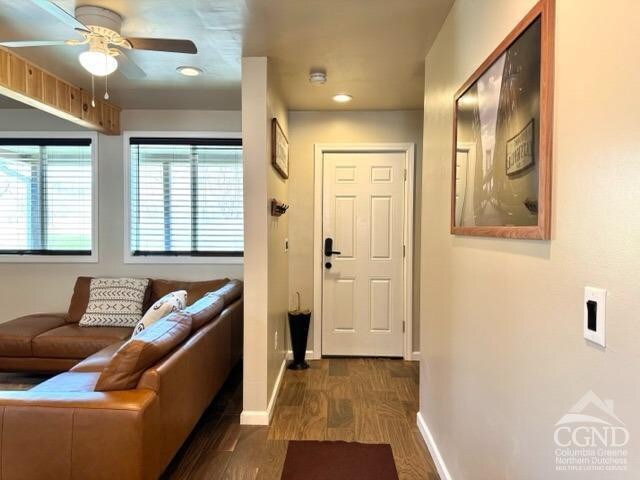 57 Bushnell Ave, Catskill, NY 12414 - doorway to outside with dark wood-style flooring, baseboards, ceiling fan, and recessed lighting