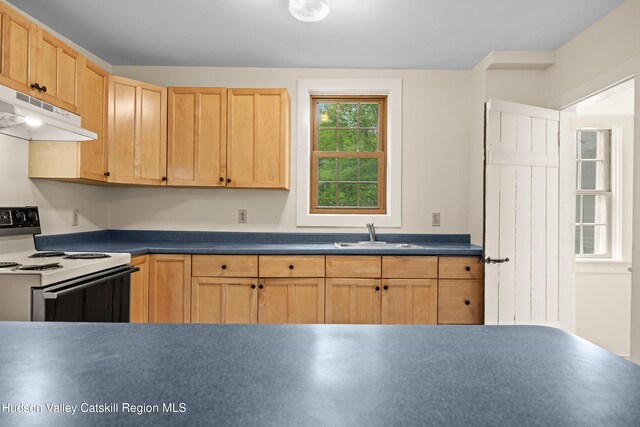1 Green St, Gilbertsville, NY 13776 - kitchen with electric range, a sink, under cabinet range hood, and dark countertops