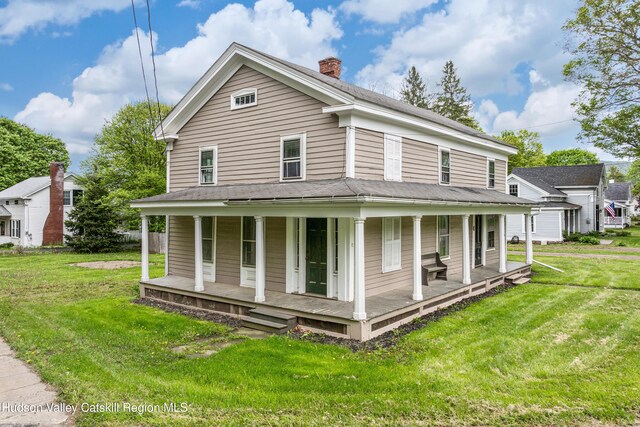1 Green St, Gilbertsville, NY 13776 - view of front of property featuring covered porch, a front lawn, and a chimney