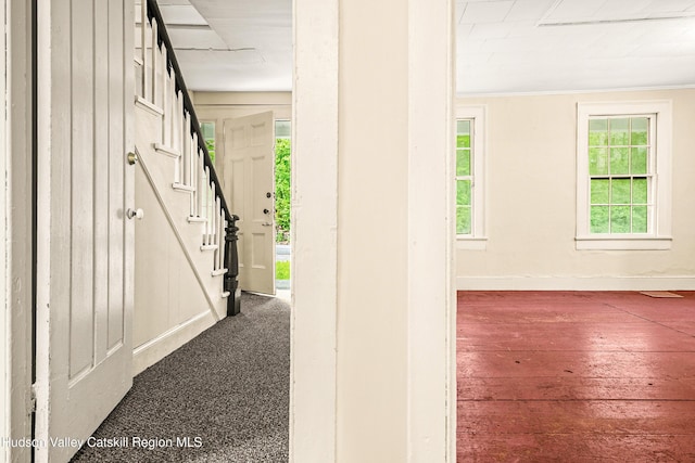 1 Green St, Gilbertsville, NY 13776 - entrance foyer featuring stairway and baseboards