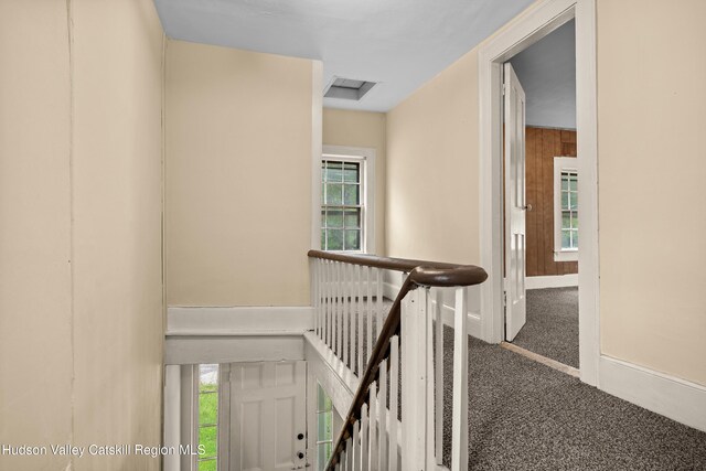 1 Green St, Gilbertsville, NY 13776 - hall with an upstairs landing and carpet flooring