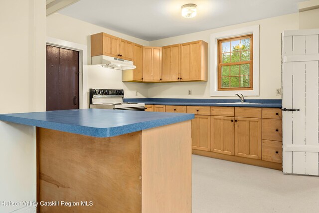 1 Green St, Gilbertsville, NY 13776 - kitchen featuring under cabinet range hood, electric range oven, a sink, light brown cabinets, and dark countertops