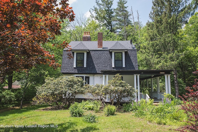 121 Birch Creek Rd, Pine Hill, NY 12465 - view of front facade with a shingled roof, a porch, a chimney, and a front yard