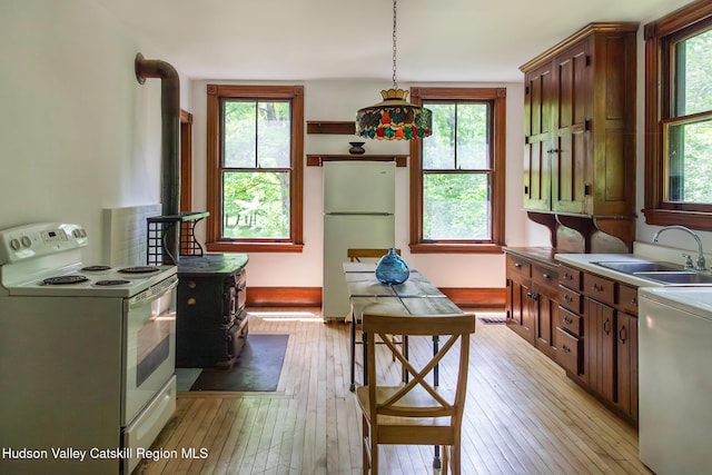 121 Birch Creek Rd, Pine Hill, NY 12465 - kitchen with white appliances, light wood-type flooring, plenty of natural light, and a wood stove