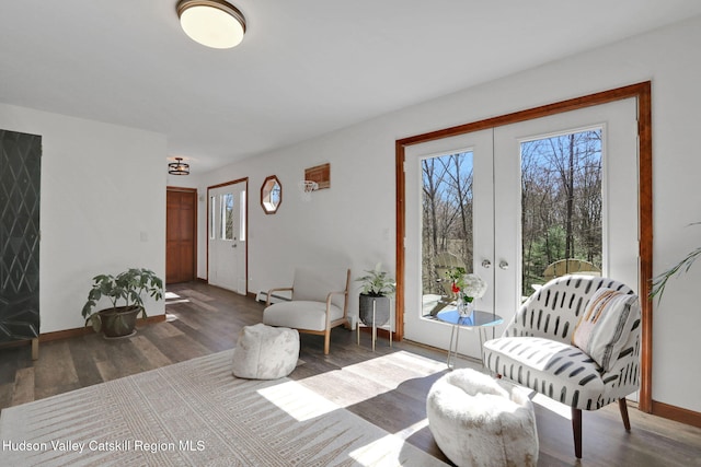 sitting room featuring baseboards, wood finished floors, french doors, and baseboard heating