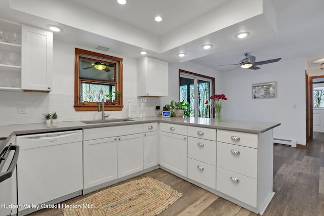 kitchen with a sink, white dishwasher, a peninsula, and a wealth of natural light