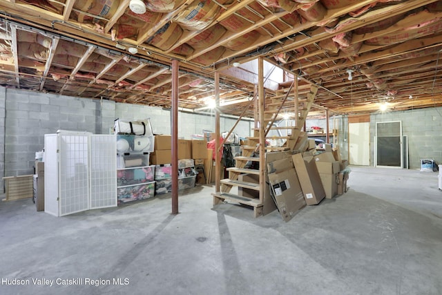 unfinished basement with concrete block wall