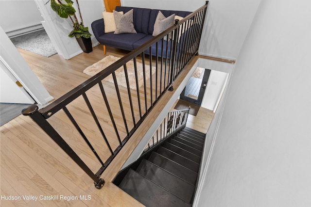 2064 County Highway 8, Denver, NY 12421 - staircase featuring wood finished floors and a baseboard radiator