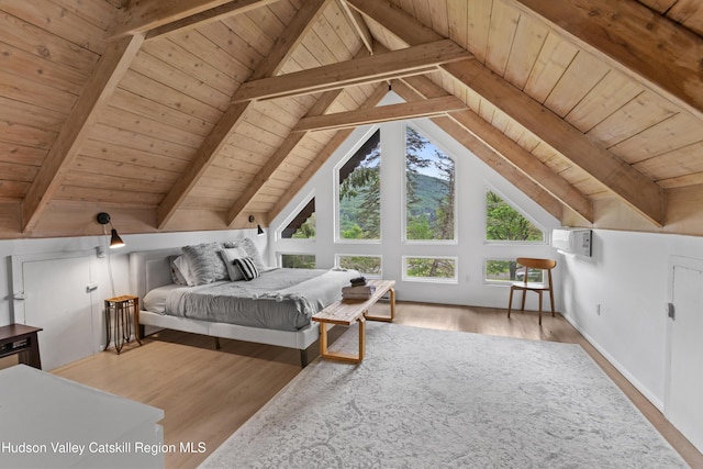 2064 County Highway 8, Denver, NY 12421 - bedroom with wood ceiling, wood finished floors, and a wall mounted air conditioner