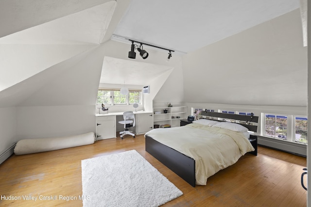 253 Upper Byrdcliffe Rd, Woodstock, NY 12498 - bedroom featuring track lighting, lofted ceiling, a baseboard radiator, and wood finished floors