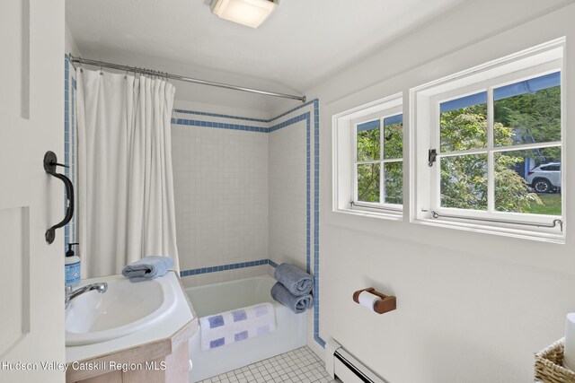 253 Upper Byrdcliffe Rd, Woodstock, NY 12498 - full bath with shower / tub combo with curtain, tile patterned floors, and vanity