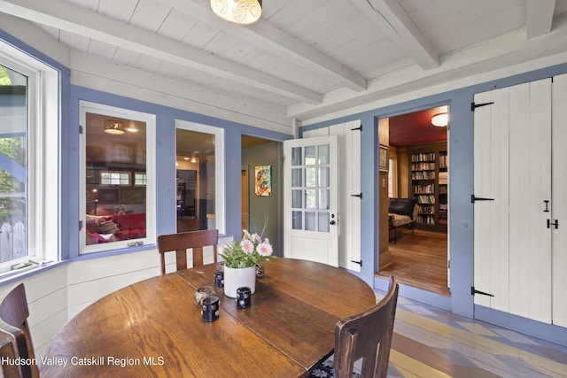 253 Upper Byrdcliffe Rd, Woodstock, NY 12498 - dining space with wood-type flooring and beam ceiling