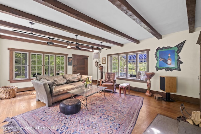 253 Upper Byrdcliffe Rd, Woodstock, NY 12498 - living area with baseboards, wood finished floors, plenty of natural light, beam ceiling, and a wall mounted air conditioner