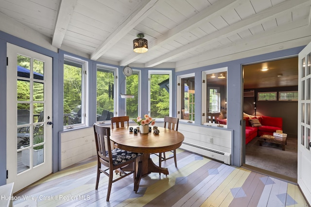 253 Upper Byrdcliffe Rd, Woodstock, NY 12498 - sunroom / solarium with a baseboard radiator, healthy amount of natural light, wood-type flooring, and wood ceiling with exposed beams