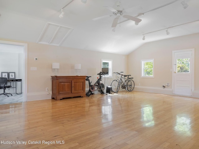 236 Spillway Rd, West Hurley, NY 12491 - workout room with rail lighting, lofted ceiling, light wood finished floors, and baseboards