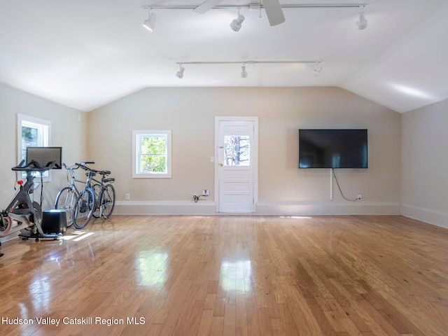 236 Spillway Rd, West Hurley, NY 12491 - bonus room featuring ceiling fan, vaulted ceiling, hardwood / wood-style floors, and baseboards