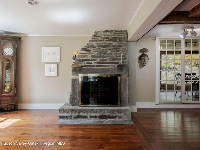 236 Spillway Rd, West Hurley, NY 12491 - living room with ornamental molding, hardwood / wood-style flooring, a fireplace, and baseboards