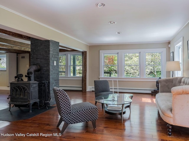 236 Spillway Rd, West Hurley, NY 12491 - living room with a baseboard radiator, a wood stove, wood finished floors, and ornamental molding