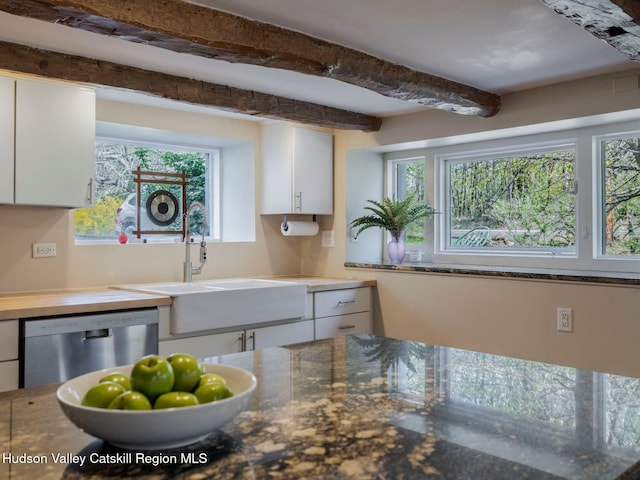 236 Spillway Rd, West Hurley, NY 12491 - kitchen with dishwasher, a sink, white cabinets, and beam ceiling