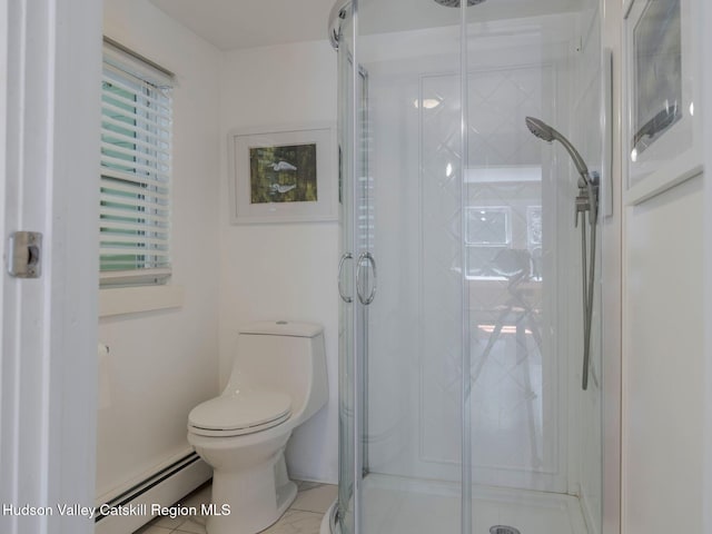 236 Spillway Rd, West Hurley, NY 12491 - bathroom with a baseboard radiator, a stall shower, and toilet