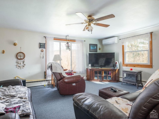 carpeted living room with a baseboard radiator, a wall mounted air conditioner, a wood stove, a ceiling fan, and a baseboard heating unit